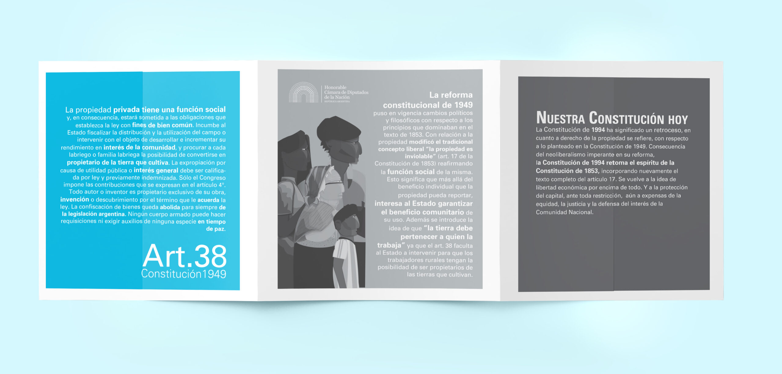 Material editorial ilustrado sobre la Reforma Constitucional de 1949 con comparaciones conceptuales entre distintos modelos de organización social y política.