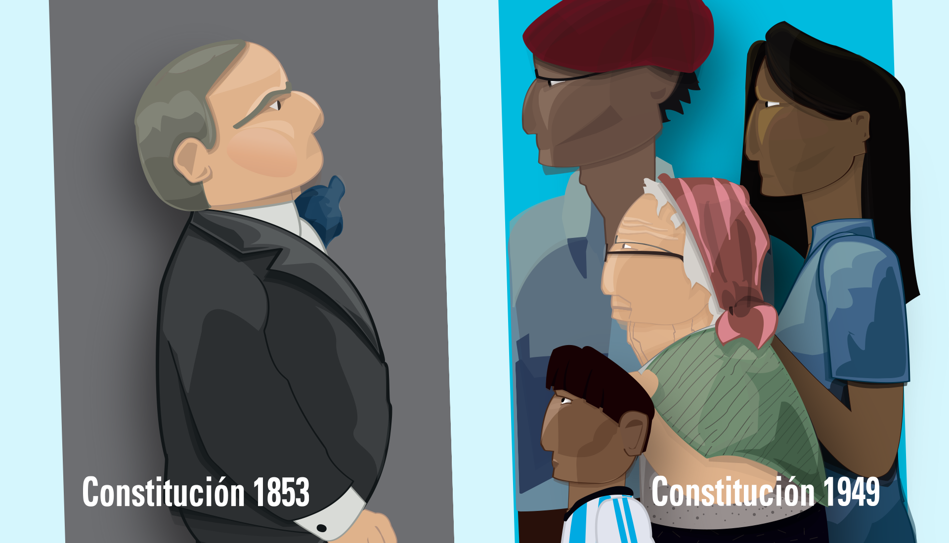 Material editorial ilustrado sobre la Reforma Constitucional de 1949 con comparaciones conceptuales entre distintos modelos de organización social y política.