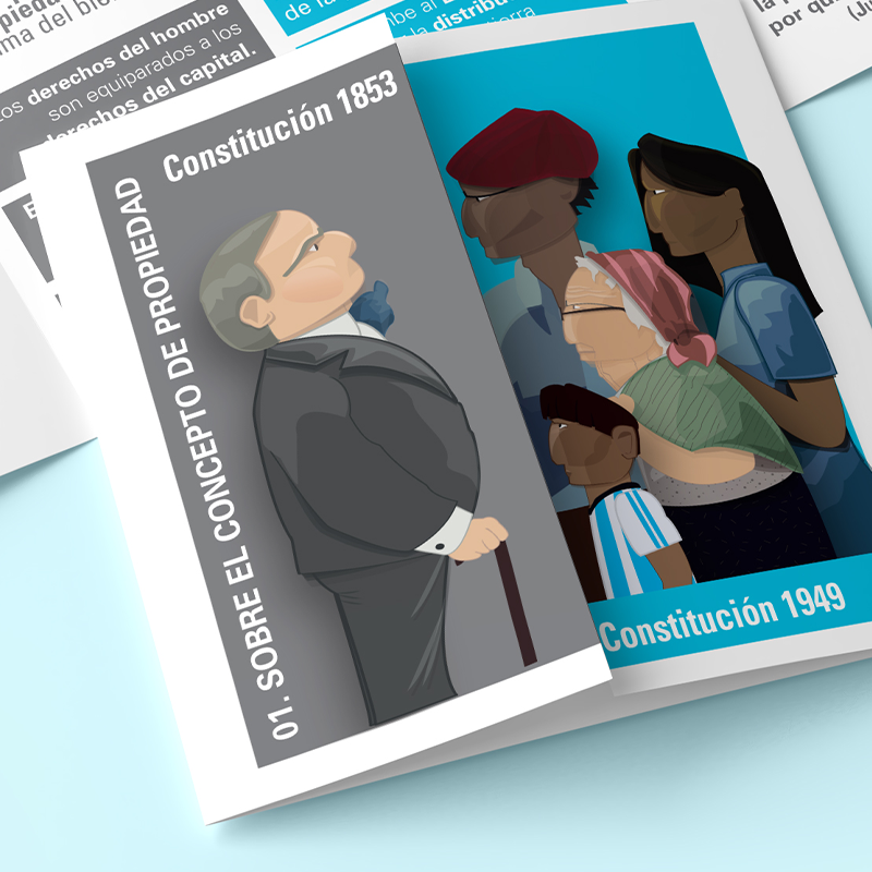 Material editorial ilustrado sobre la Reforma Constitucional de 1949 con comparaciones conceptuales entre distintos modelos de organización social y política.