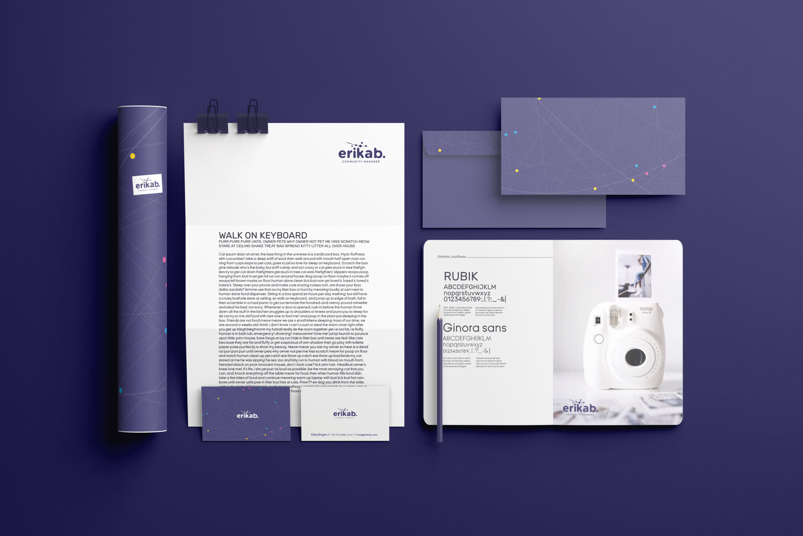 Aplicaciones de identidad visual para Erika B., especialista en comunicación digital. Papelería institucional, tarjetas personales, sobres y sistema gráfico inspirado en redes de conexión.